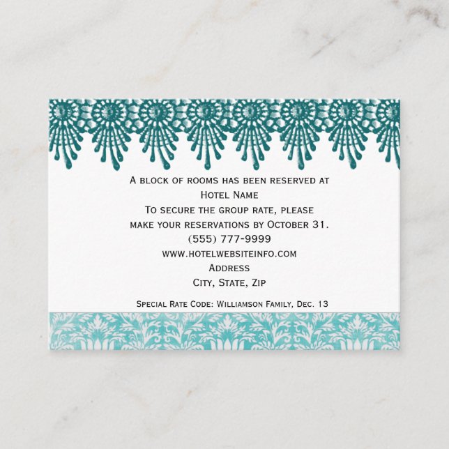 Boho Teal Hotel Accommodation Insert Cards (Front)
