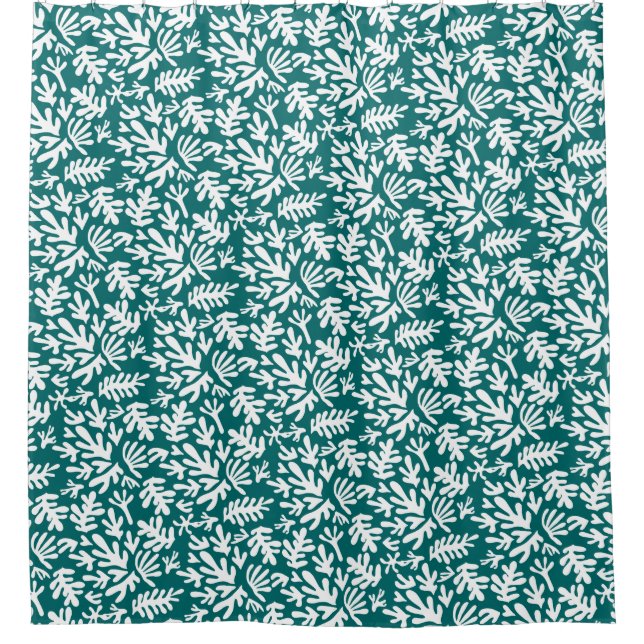 Boho Teal Matisse Botanical Shapes Pattern Shower Curtain (Front)