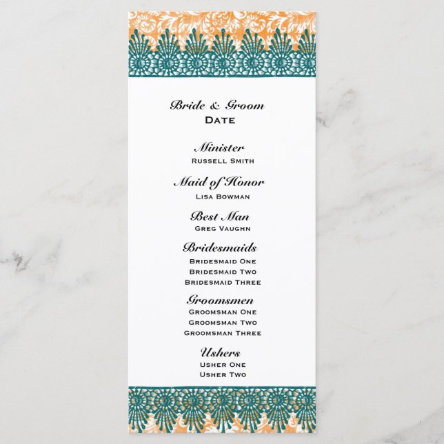 Boho Teal Orange Damask Wedding Program Programme (Front)