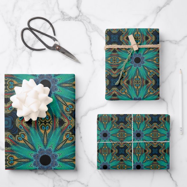 Boho Teal Peacock Abstract Graphic Pattern Wrapping Paper Sheet (Front)