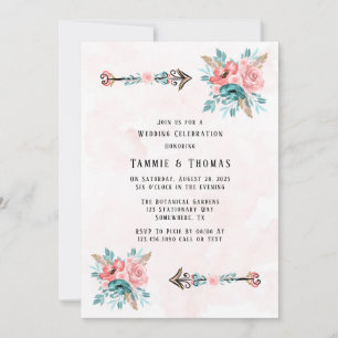 Boho Teal & Pink Peony Flowers Arrows Wedding Invitation