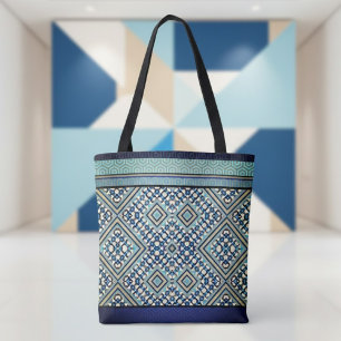Boho Teal, Tan, Black, Blue Tribal Tote Bag