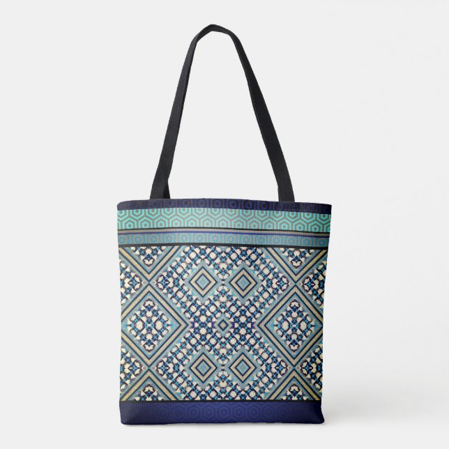 Boho Teal, Tan, Black, Blue Tribal  Tote Bag (Back)