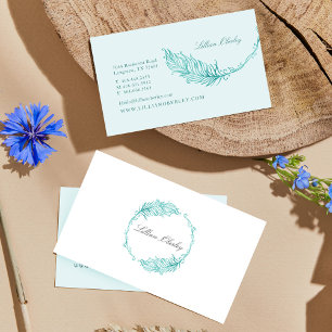 Boho Teal Watercolor Floral Feather Crest Wreath Business Card