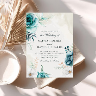 Boho Teal Wildflower Botanical Wedding Invitation