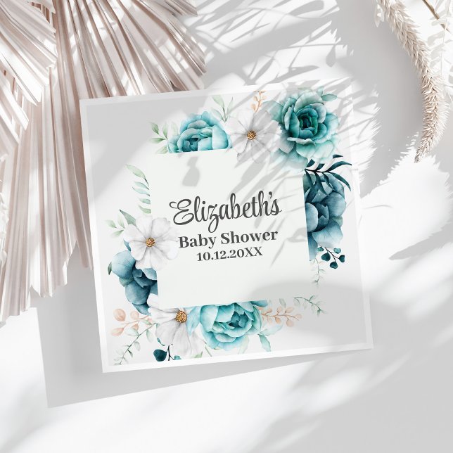 Boho Teal Wildflowers Baby Shower  Napkin (Boho Teal Wildflowers Baby Shower Napkins on a sunny white table.)