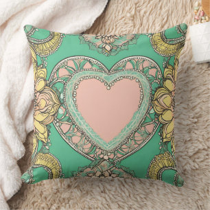 Boho teal & yellow heart mandala floral AI art  Cushion