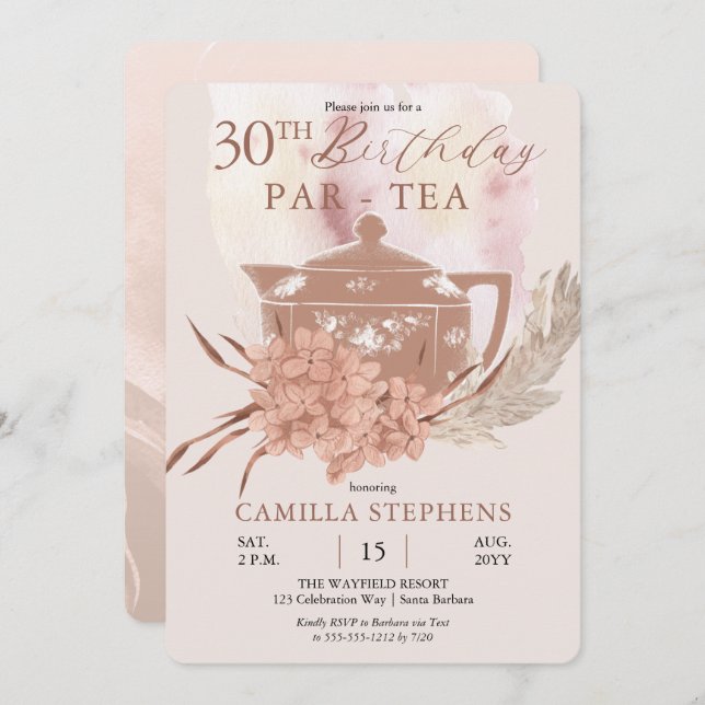Boho Teapot Hydrangeas Pampas 30th Birthday Party  Invitation (Front/Back)