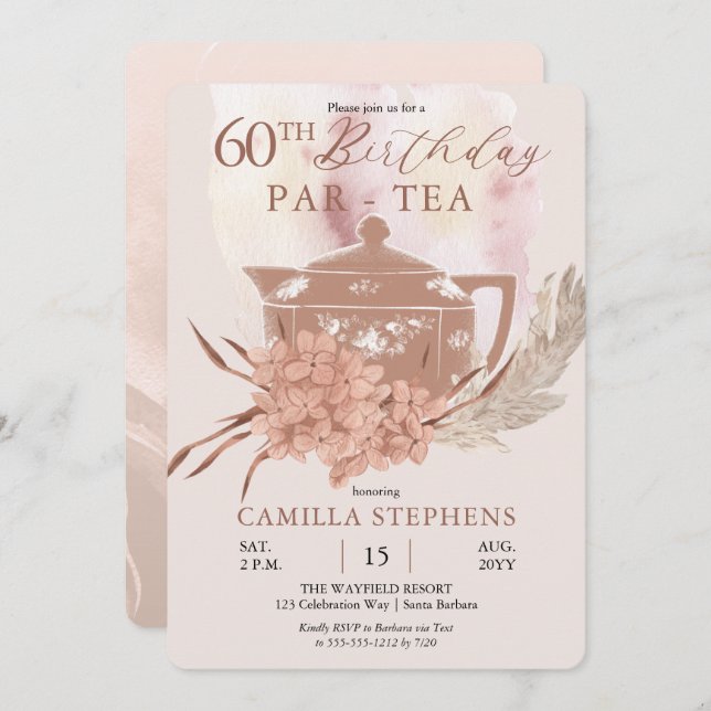 Boho Teapot Hydrangeas Pampas 60th Birthday Party  Invitation (Front/Back)