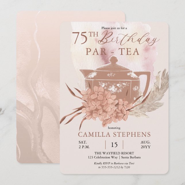 Boho Teapot Hydrangeas Pampas 75th Birthday Party Invitation (Front/Back)