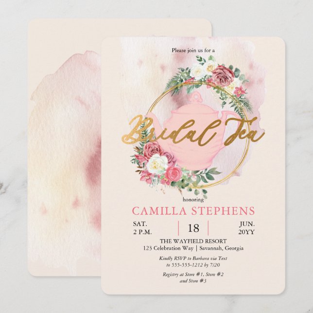 Boho Teapot | Pink Rose Wreath Bridal Tea Shower Invitation (Front/Back)