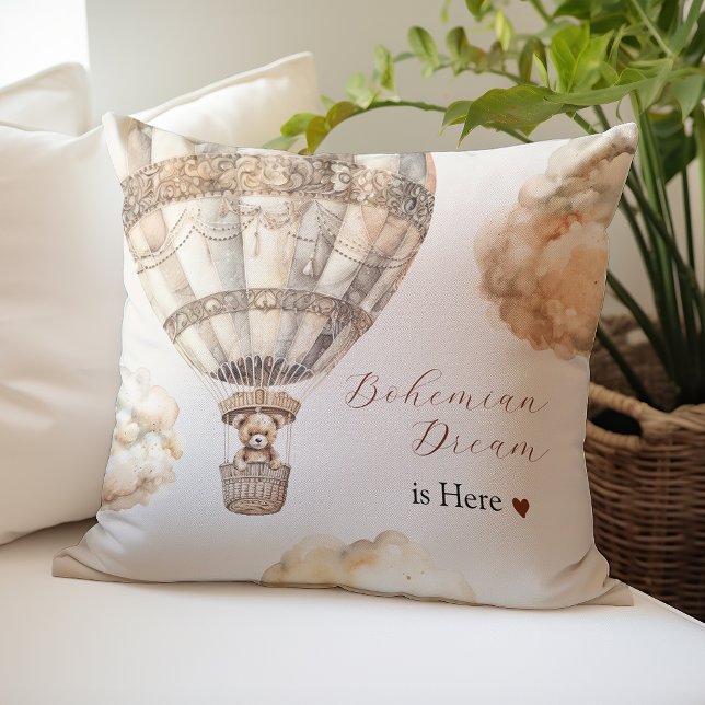 Boho Teddy Bear Air Balloon Clouds Sky Baby Shower Cushion (Boho Teddy Bear Air Balloon Clouds Sky Baby Shower Throw Pillow)