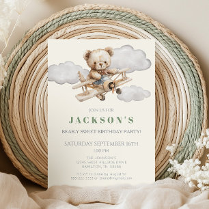 Boho Teddy Bear Airplane Birthday Party Invitation