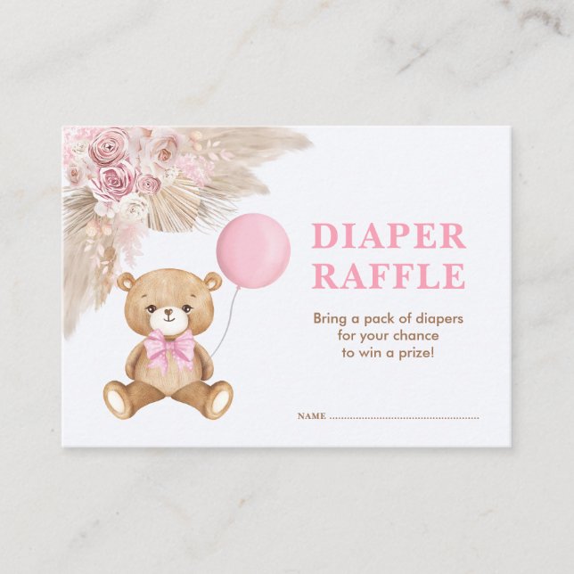 Boho Teddy Bear Baby Pink Balloon Diaper Raffle Enclosure Card (Front)