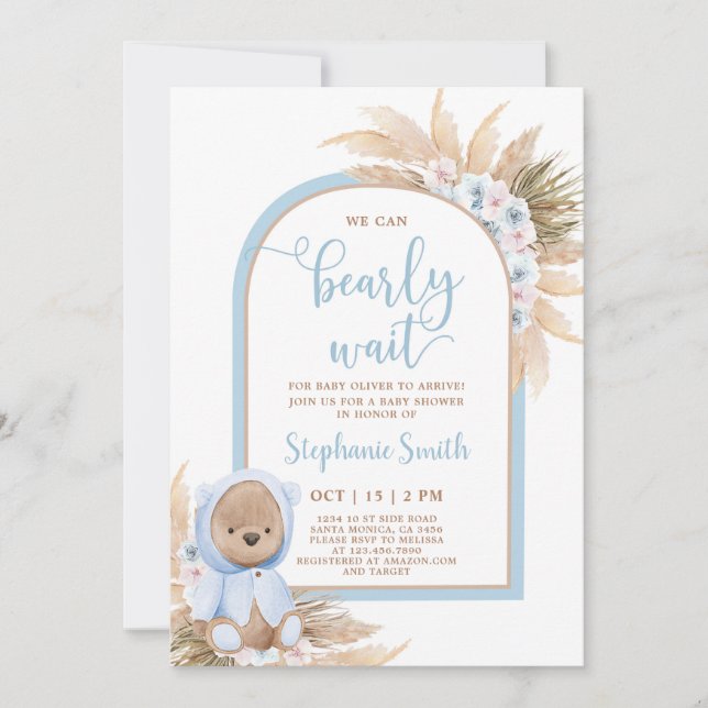 Boho Teddy Bear Baby Shower Boy Invitation (Front)