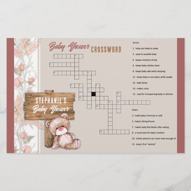 Boho Teddy Bear Baby Shower Crossword Game Stationery (Front)