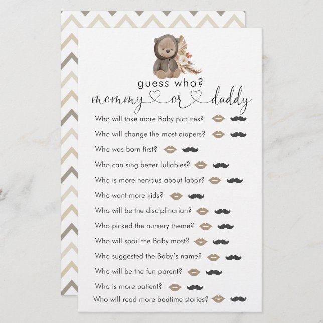  Boho Teddy Bear Baby Shower Guess Who Game (Front/Back)