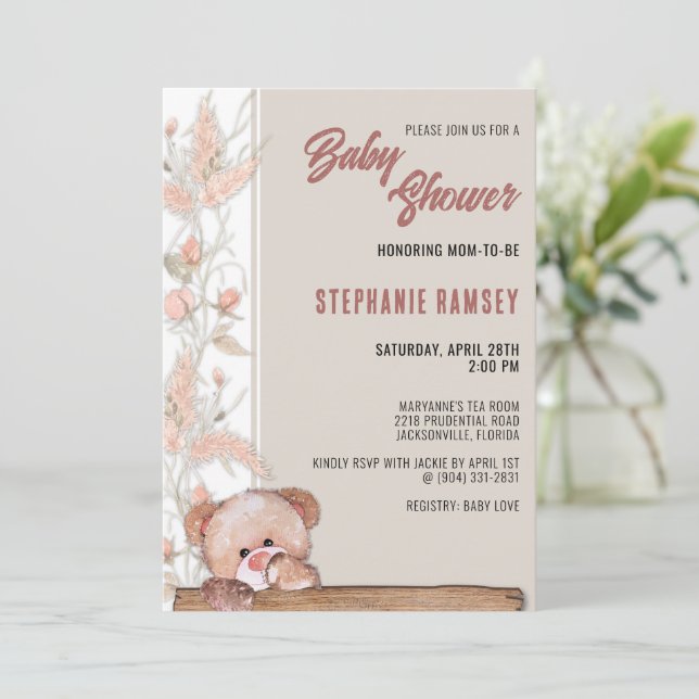 Boho Teddy Bear Baby Shower Invitation (Standing Front)