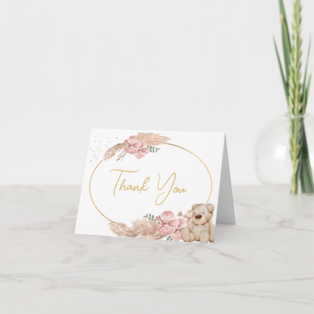 Boho Teddy Bear Baby Shower or Birthday Thank You Card (Front)