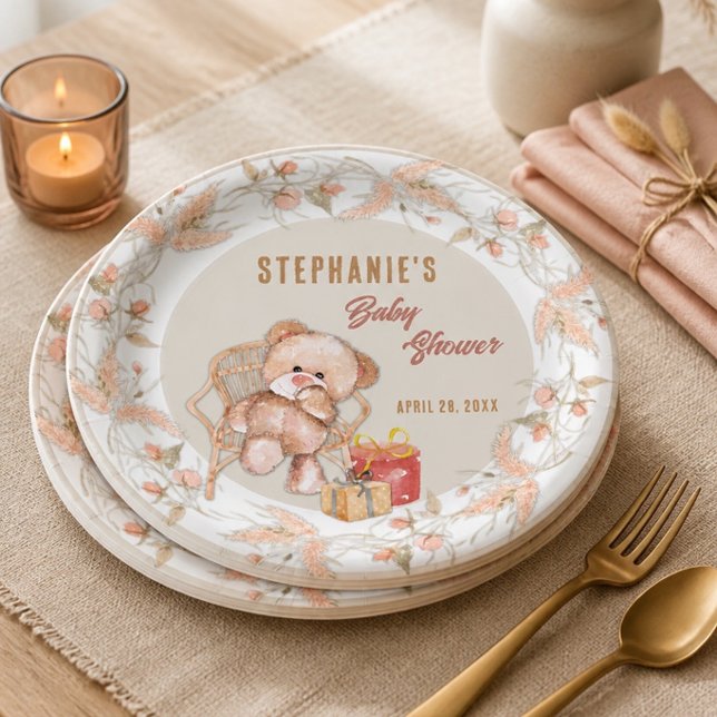 Boho Teddy Bear Baby Shower Paper Plate (Creator Uploaded)