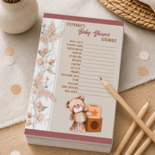 Boho Teddy Bear Baby Shower Scramble Game Stationery