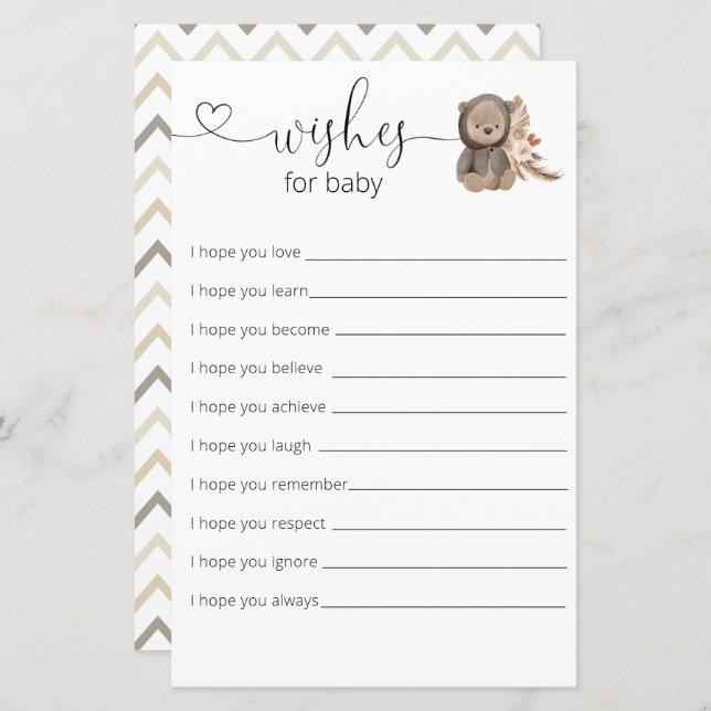 Boho Teddy Bear Baby Shower Wishes For Baby (Front/Back)