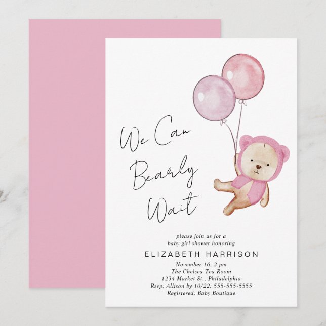 Boho Teddy Bear Balloons Baby Girl Shower Invitation (Front/Back)
