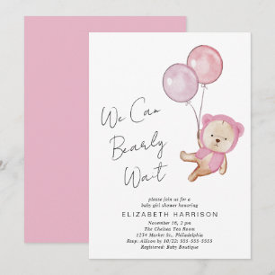 Boho Teddy Bear Balloons Baby Girl Shower Invitation