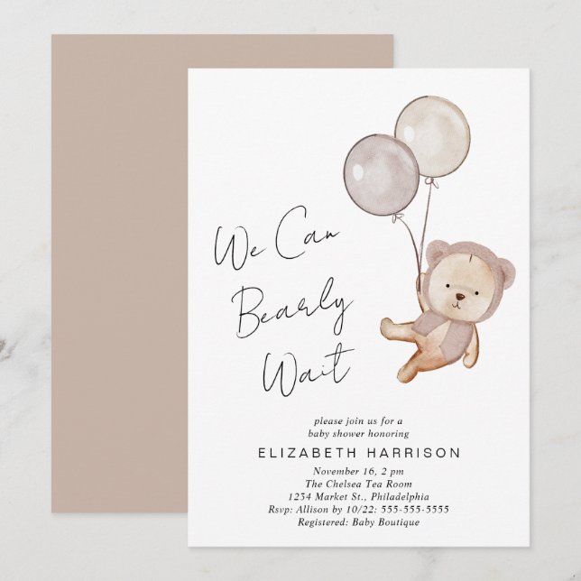 Boho Teddy Bear Balloons Baby Shower Invitation (Front/Back)
