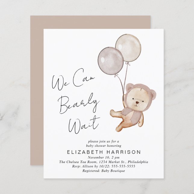 Boho Teddy Bear Balloons Baby Shower Invitation (Front/Back)
