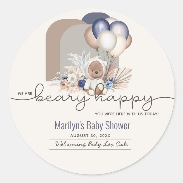 Boho Teddy Bear & Balloons Bearly Wait Baby Shower Classic Round Sticker (Front)