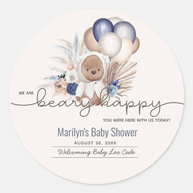 Boho Teddy Bear & Balloons Bearly Wait Baby Shower Classic Round Sticker (Front)