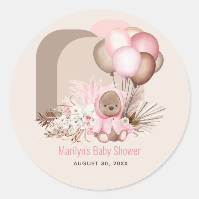 Boho Teddy Bear & Balloons Bearly Wait Baby Shower Classic Round Sticker (Front)