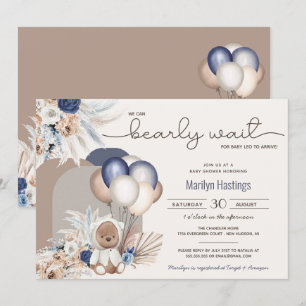 Boho Teddy Bear & Balloons Bearly Wait Baby Shower Invitation