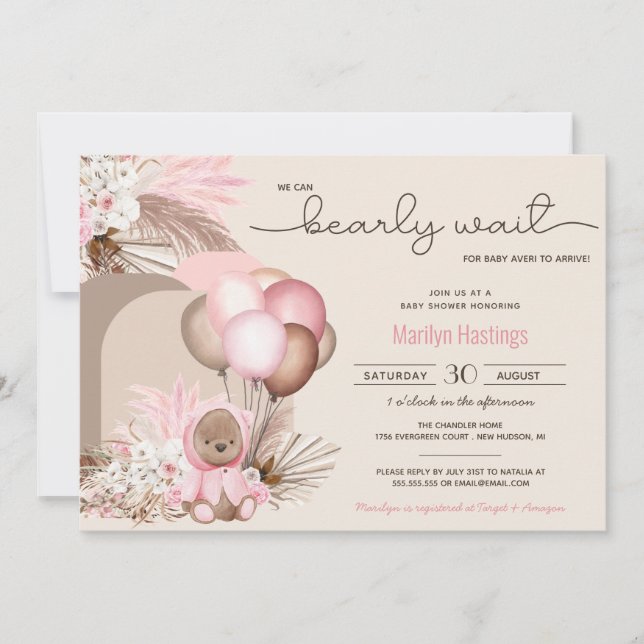 Boho Teddy Bear & Balloons Bearly Wait Baby Shower Invitation (Front)