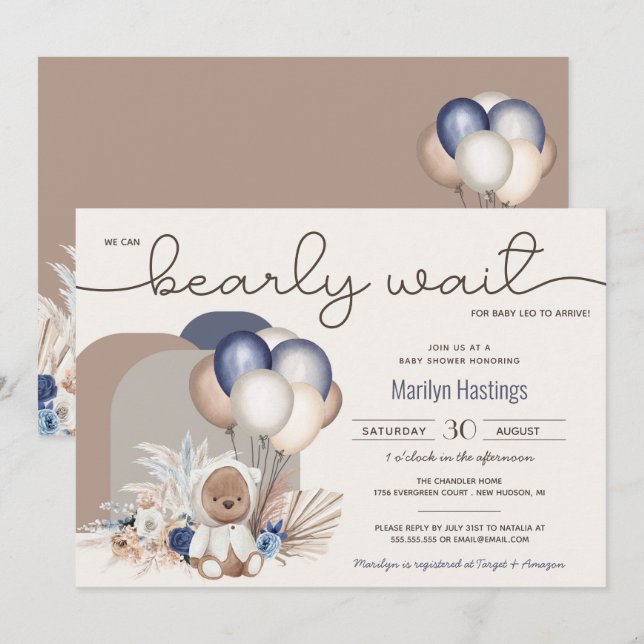 Boho Teddy Bear & Balloons Bearly Wait Baby Shower Invitation (Front/Back)