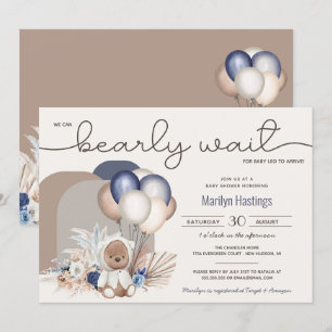 Boho Teddy Bear & Balloons Bearly Wait Baby Shower Invitation