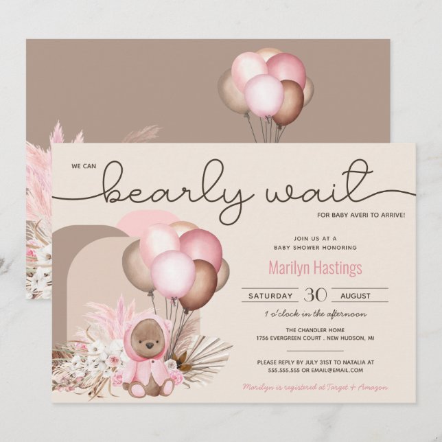 Boho Teddy Bear & Balloons Bearly Wait Baby Shower Invitation (Front/Back)
