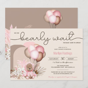 Boho Teddy Bear & Balloons Bearly Wait Baby Shower Invitation