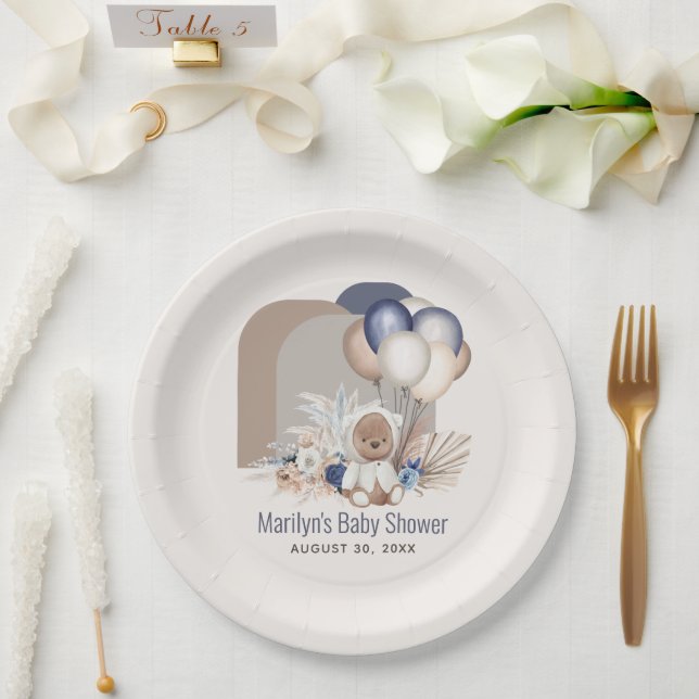 Boho Teddy Bear & Balloons Bearly Wait Baby Shower Paper Plate (Wedding)