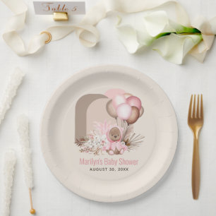 Boho Teddy Bear & Balloons Bearly Wait Baby Shower Paper Plate