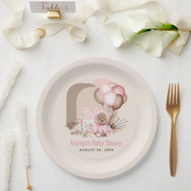 Boho Teddy Bear & Balloons Bearly Wait Baby Shower Paper Plate (Wedding)