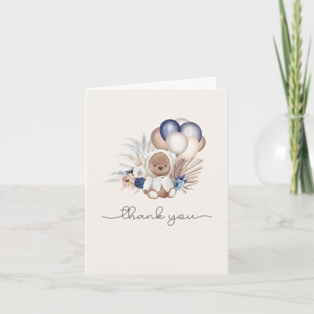 Boho Teddy Bear & Balloons - Blue, Brown, Neutral Thank You Card (Front)