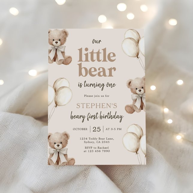 Boho Teddy Bear Beary First 1st Birthday Party Invitation (Creator Uploaded)