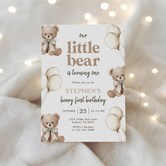 Boho Teddy Bear Beary First 1st Birthday Party Invitation