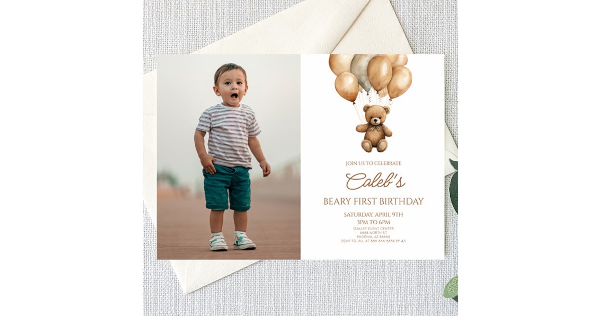 Boho Teddy Bear Beary First 1st Birthday Party Invitation | Zazzle