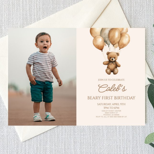 Boho Teddy Bear Beary First 1st Birthday Party Invitation (Creator Uploaded)
