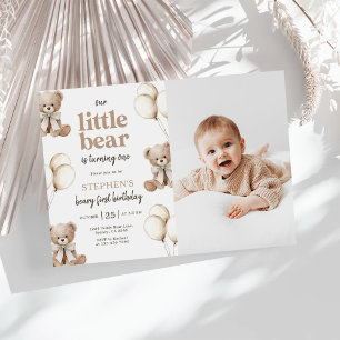 Boho Teddy Bear Beary First 1st Birthday Photo Invitation