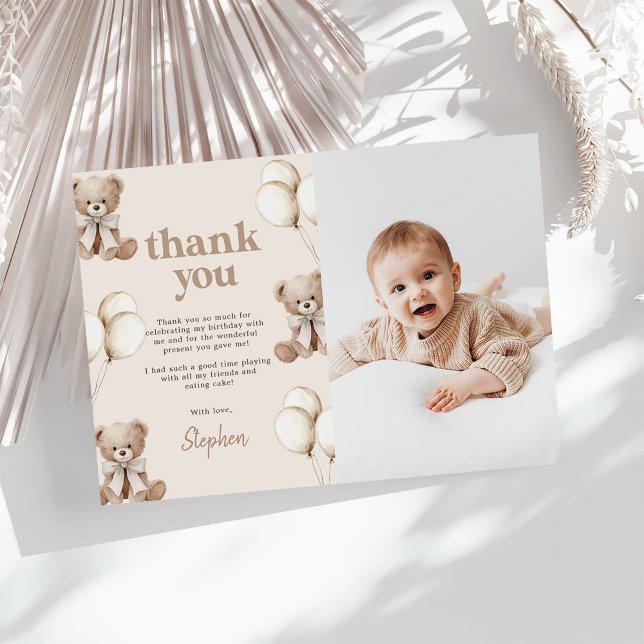 Boho Teddy Bear Beary First 1st Birthday Photo Thank You Card (Creator Uploaded)