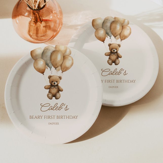 Boho Teddy Bear Beary First Birthday Party Paper Plate (Creator Uploaded)